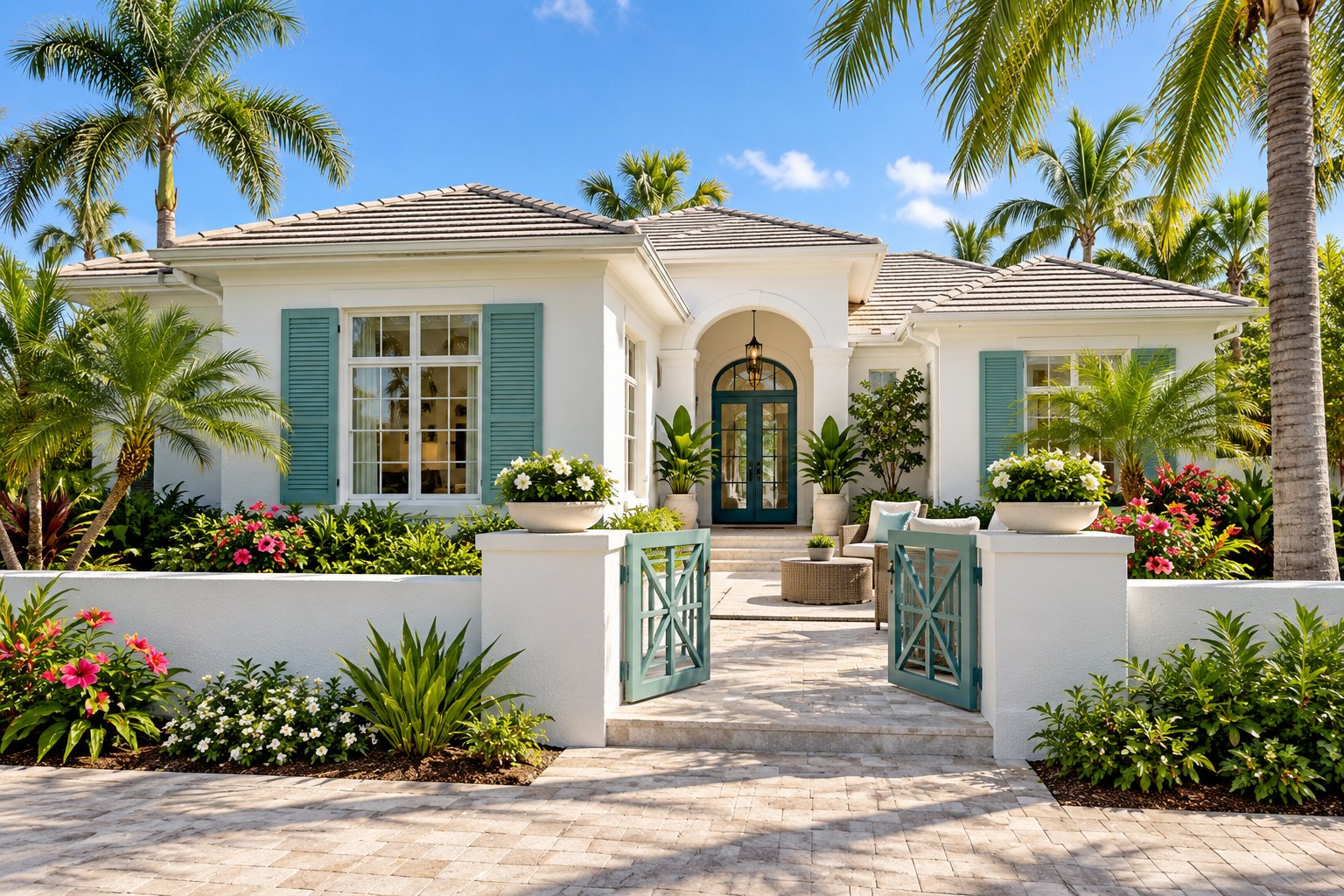 Illustrative white coastal Florida home with teal shutters and palms